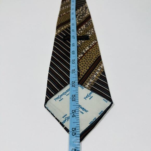 VINTAGE Yves Saint Laurent YSL Brown Tan Multi Pattern Satin Silk Necktie Tie - Picture 7 of 7
